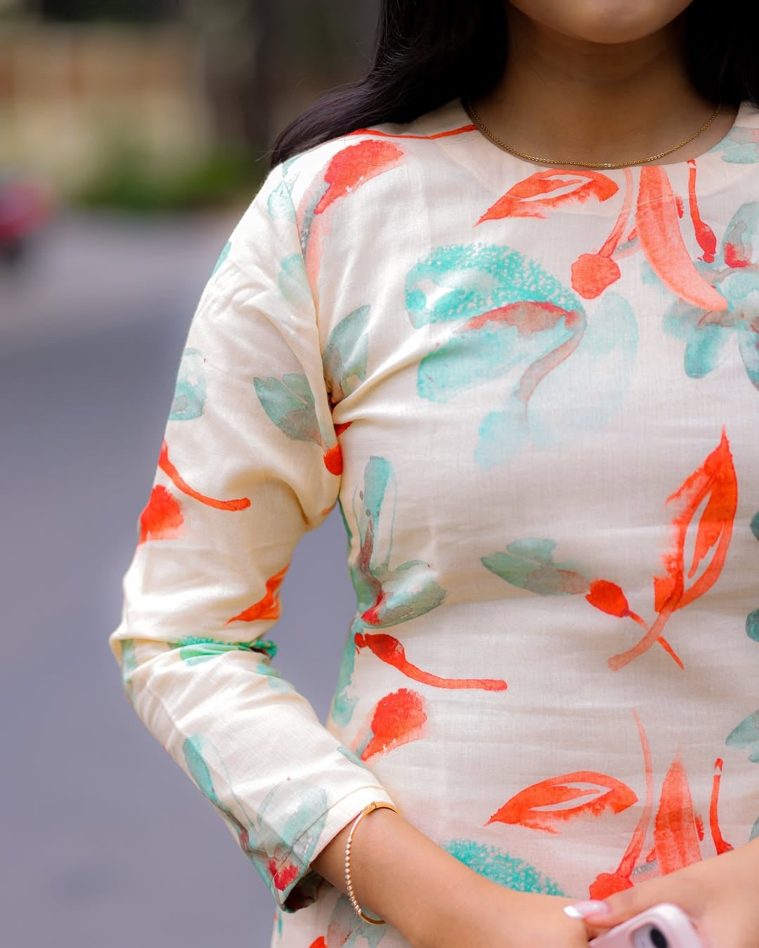 Cream And Orange Printed Cotton Kurti