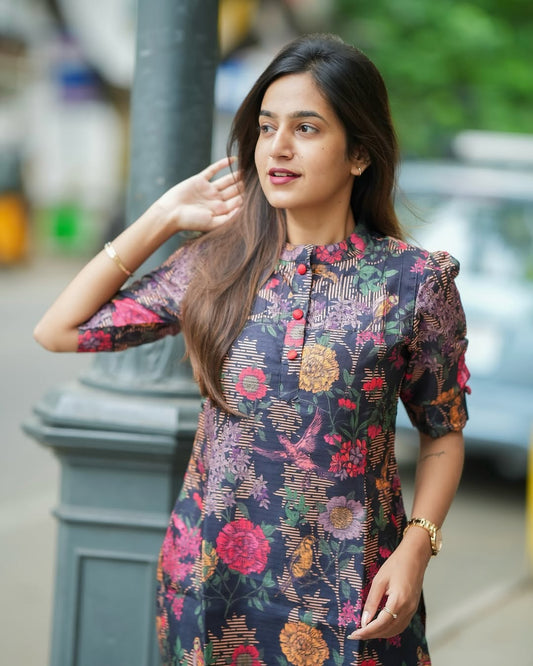 Diya Rose Black Printed Cotton Kurti