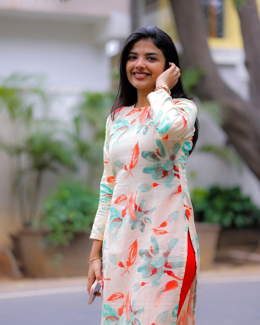 Cream And Orange Printed Cotton Kurti