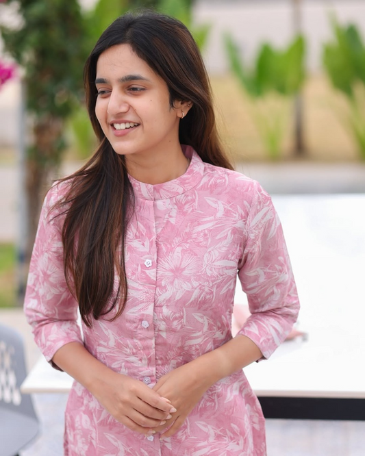 Diya Pink Rose Printed Cotton Kurti