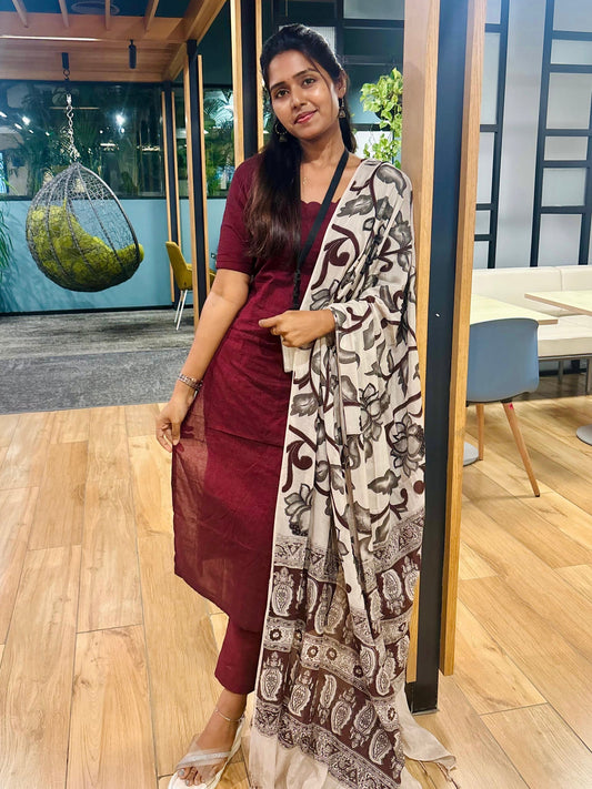 Maroon Cotton Kurti Set with Printed Dupatta