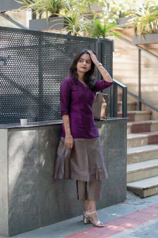 Premium Purple and Grey Cotton Kurti Set(Kurti with Pent)