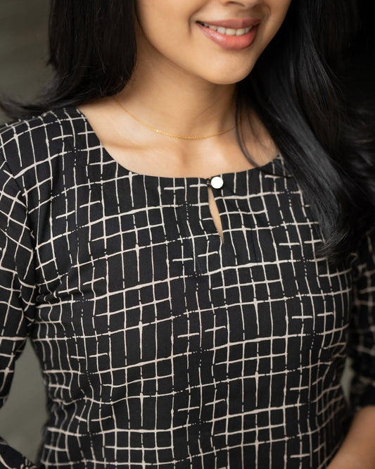 Black Grid-Print Cotton Kurti with Floral Border
