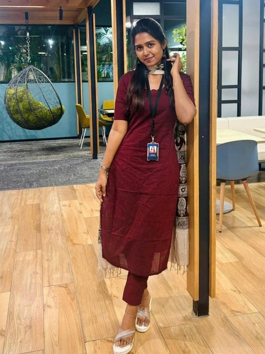 Maroon Cotton Kurti Set with Printed Dupatta