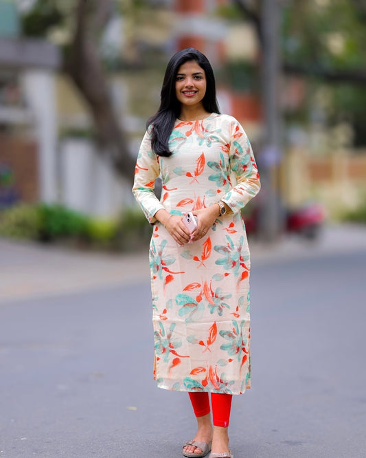 Cream And Orange Printed Cotton Kurti