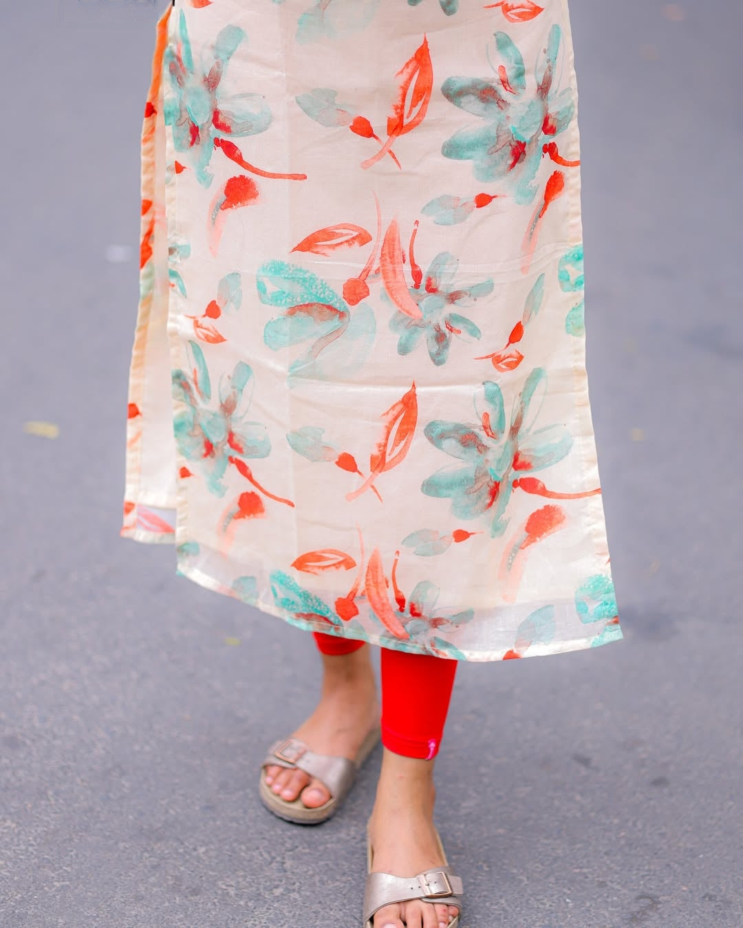 Cream And Orange Printed Cotton Kurti