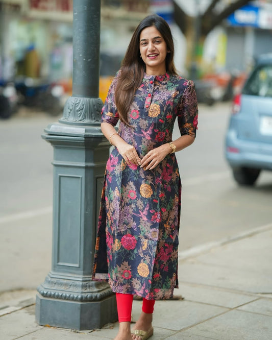 Diya Rose Black Printed Cotton Kurti