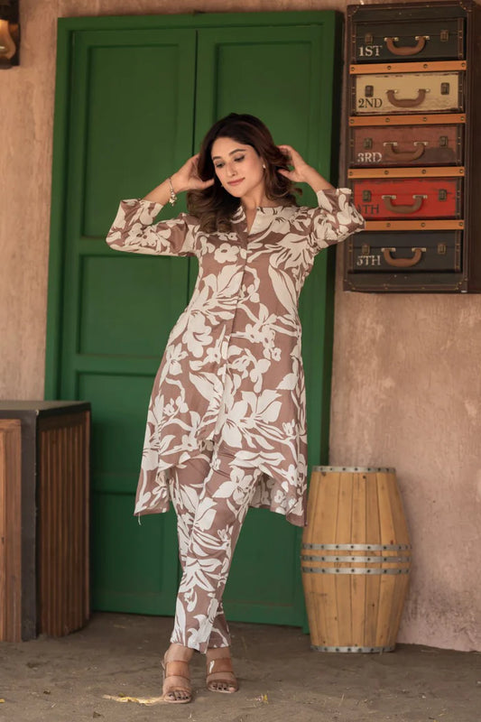 Ivory Leaf Printed Kurti with Pant Set