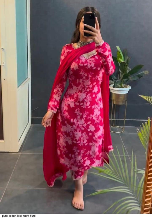 Special Pink Printed Cotton Blossom Kurti Set(3Pc)