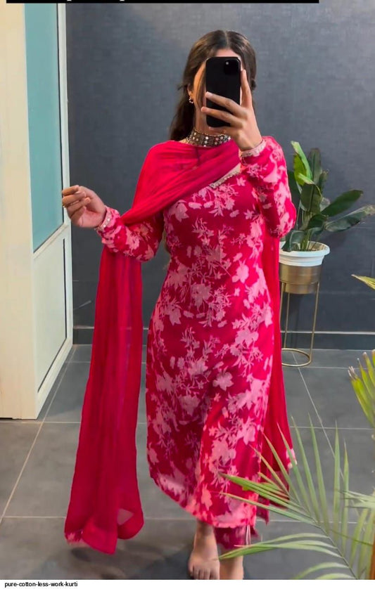 Special Pink Printed Cotton Blossom Kurti Set(3Pc)