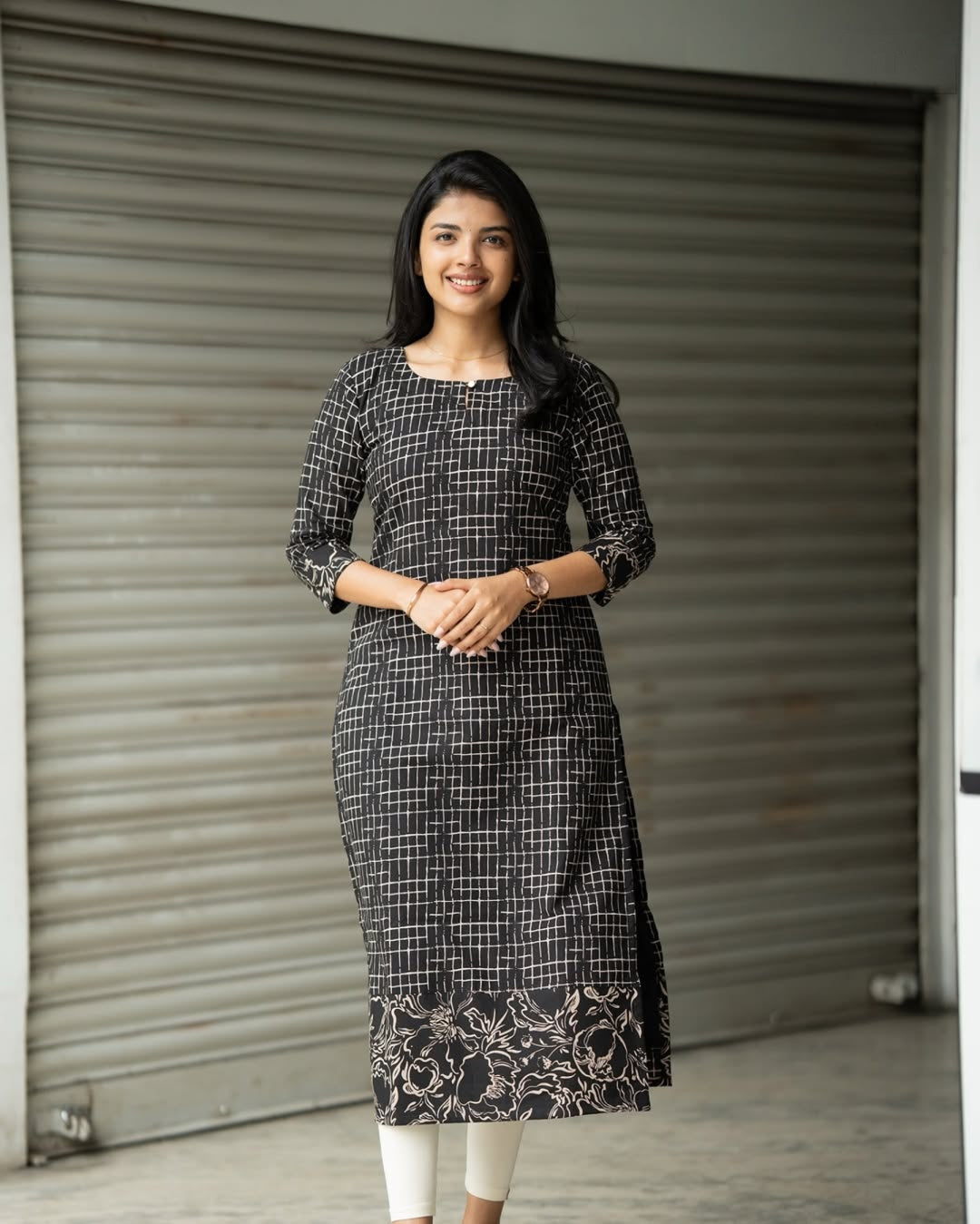 Black Grid-Print Cotton Kurti with Floral Border