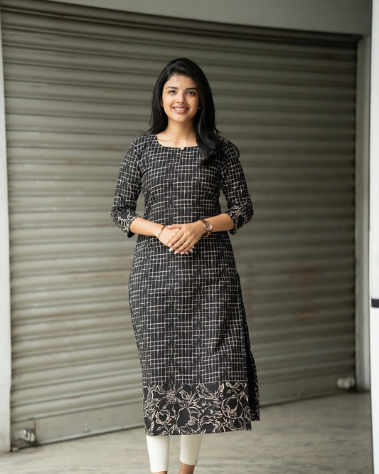 Black Grid-Print Cotton Kurti with Floral Border