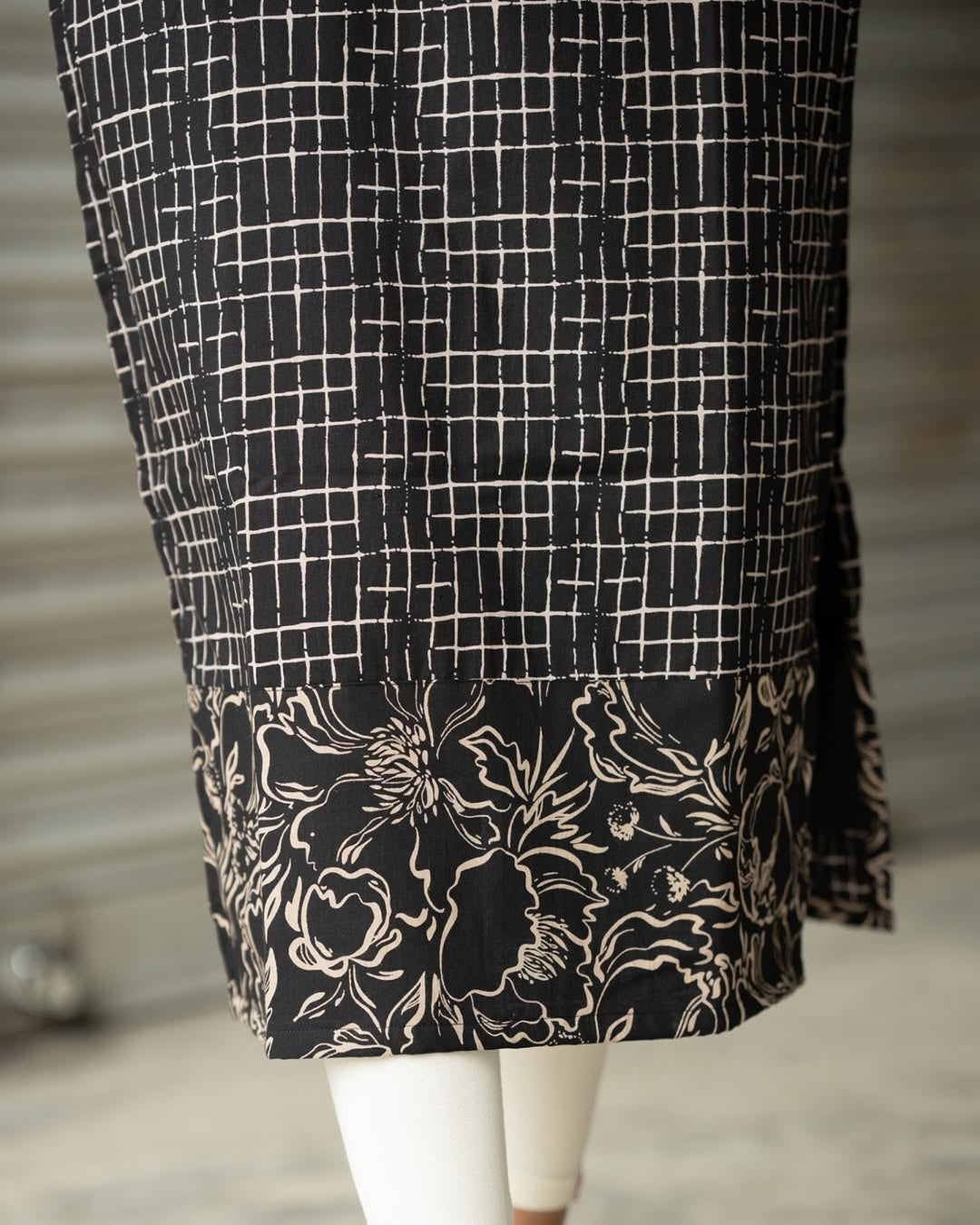 Black Grid-Print Cotton Kurti with Floral Border