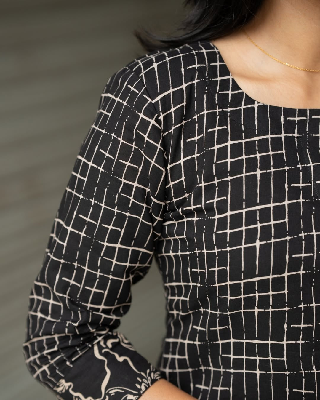 Black Grid-Print Cotton Kurti with Floral Border