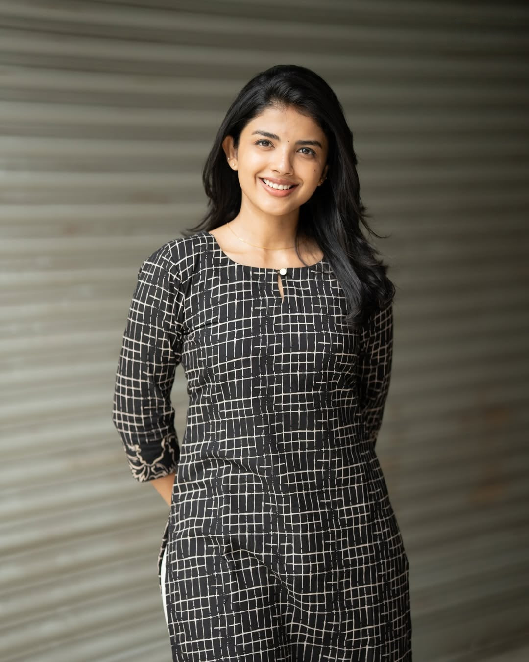 Black Grid-Print Cotton Kurti with Floral Border