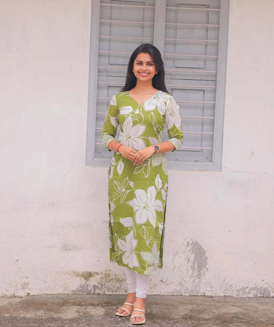 Elegant Leaf Green Cotton Kurti
