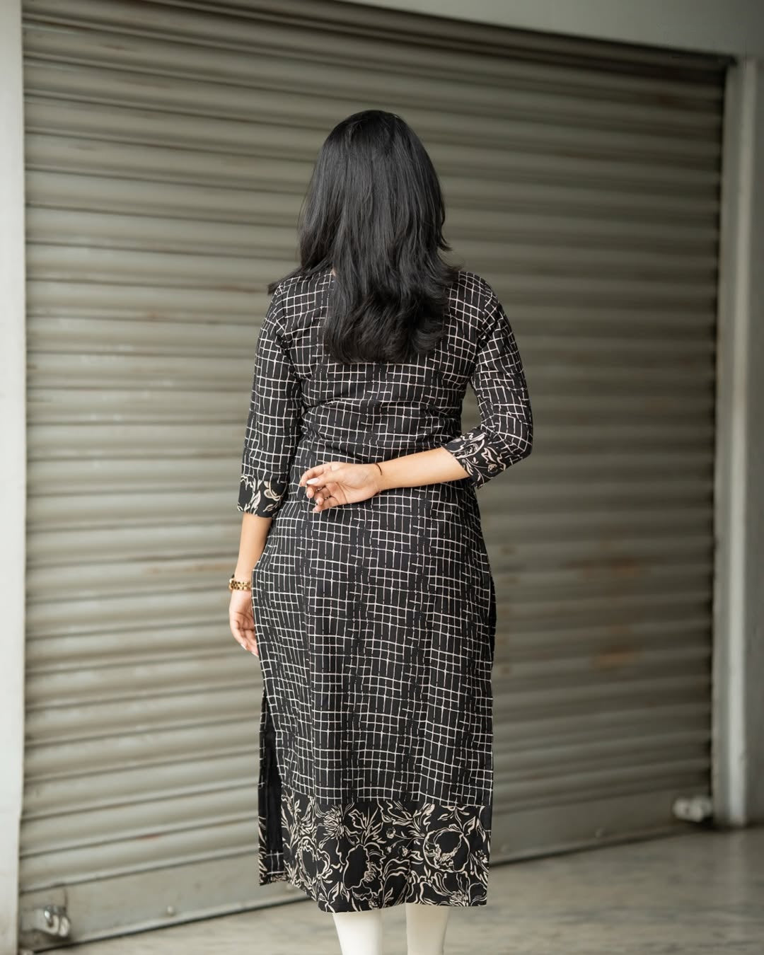 Black Grid-Print Cotton Kurti with Floral Border