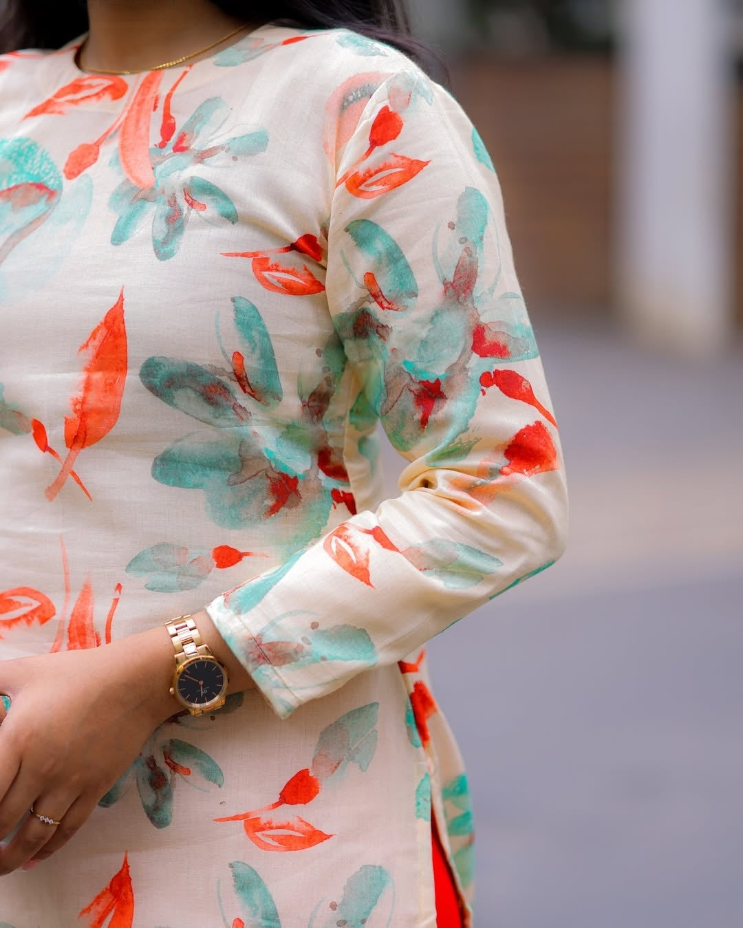 Cream And Orange Printed Cotton Kurti